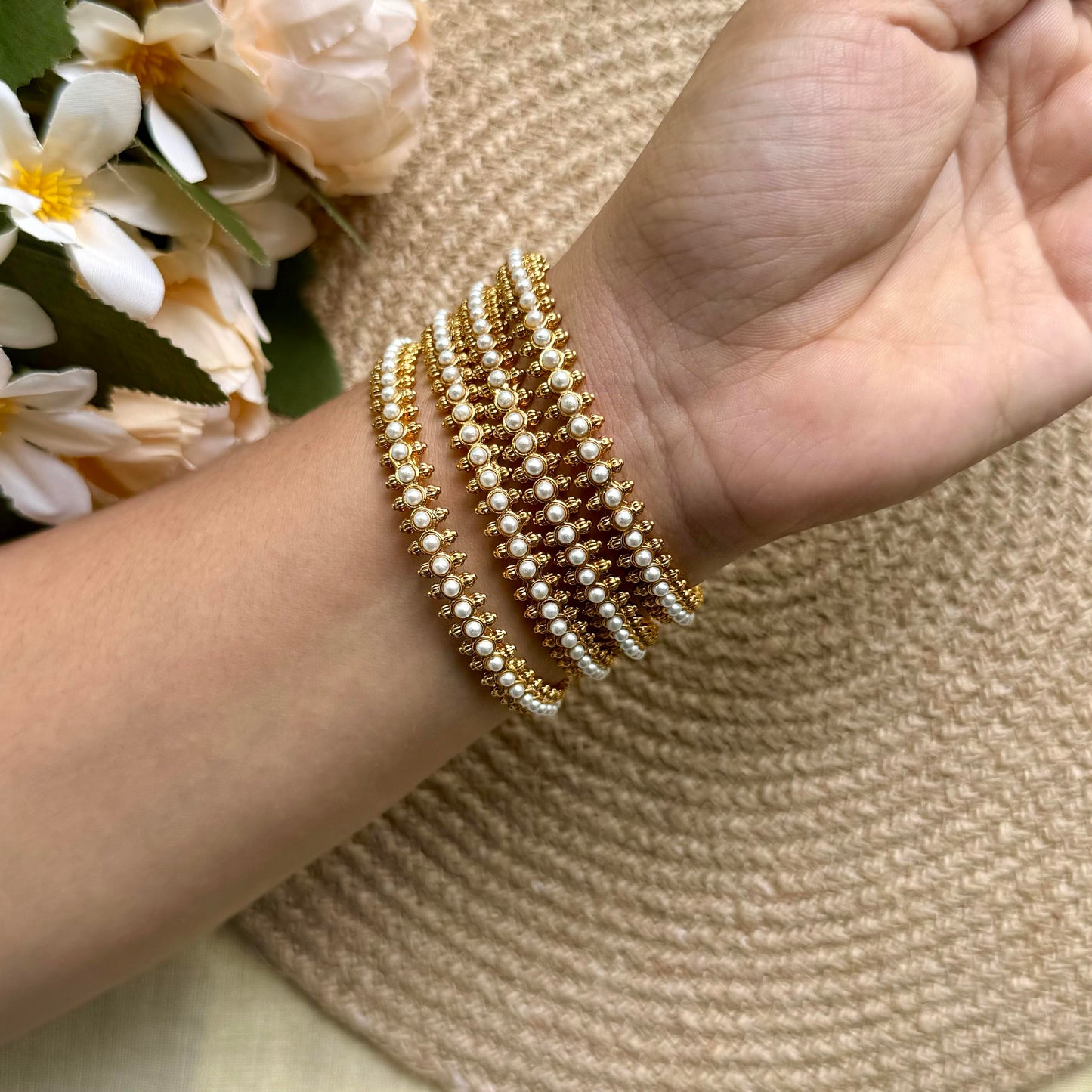 White Beed Bangles -pair