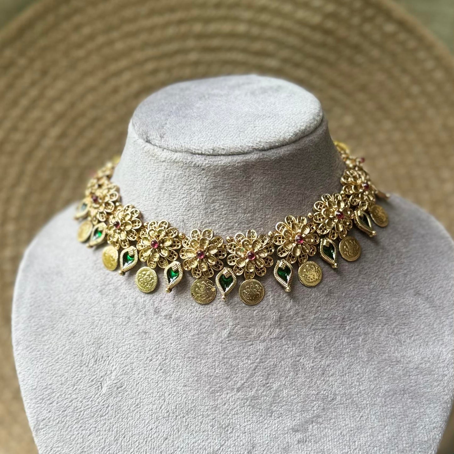 Floral Palakka Coin Necklace-GREEN