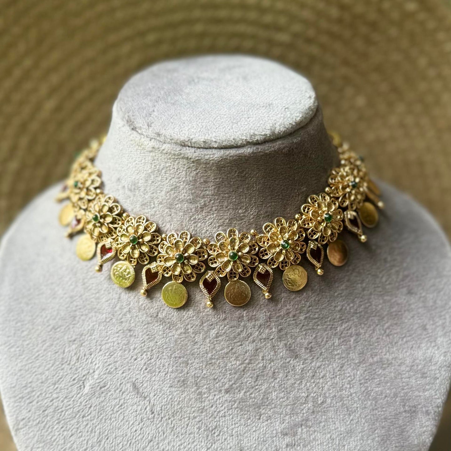 Floral Palakka Coin Necklace -RED