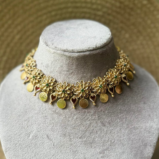 Floral Palakka Coin Necklace -RED