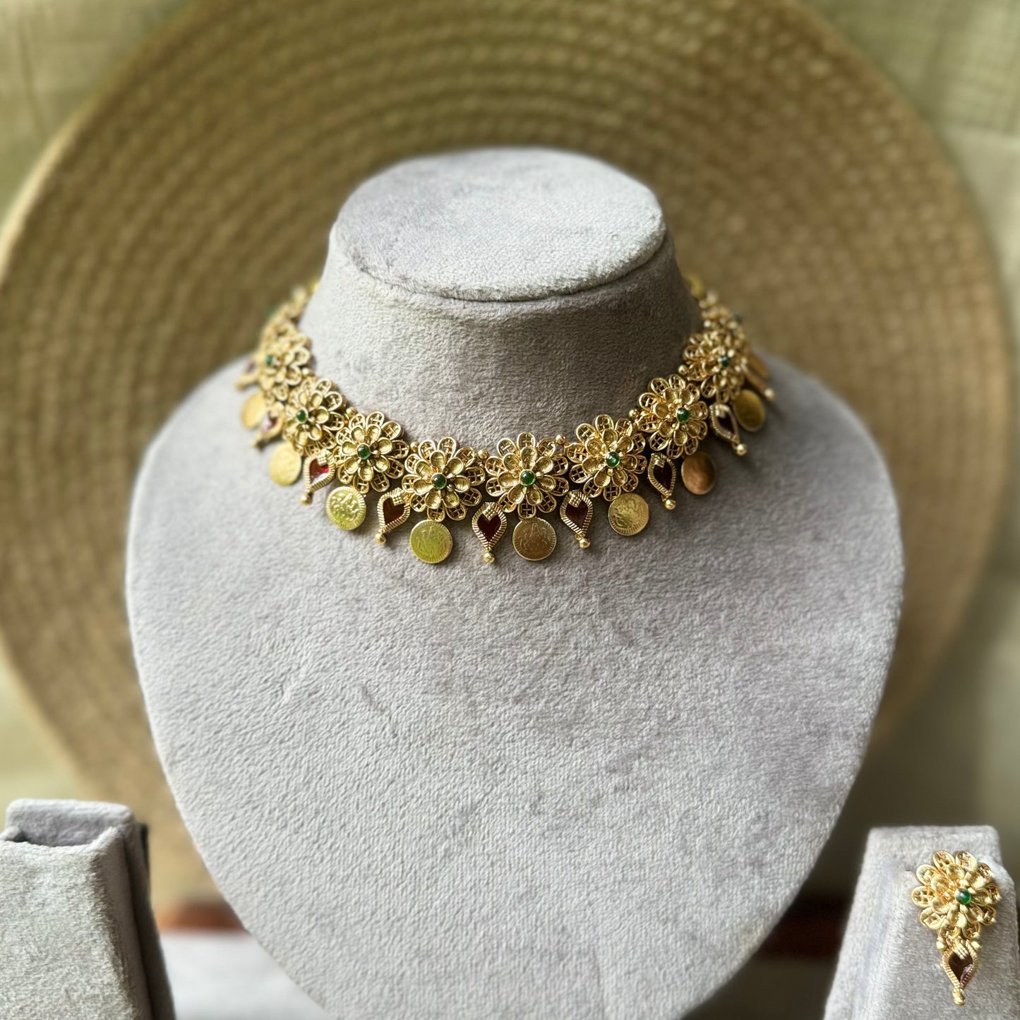 Floral Palakka Coin Necklace -RED