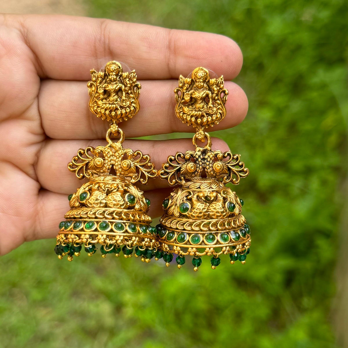 Bridal jhumkas dark green dropping