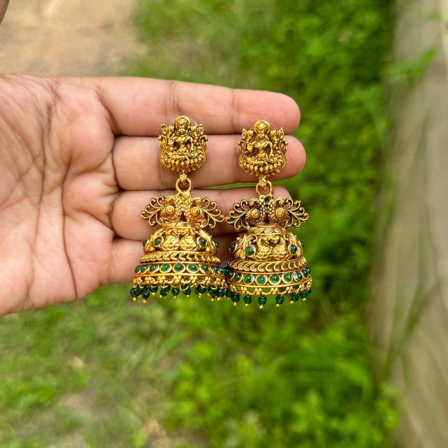 Bridal jhumkas dark green dropping